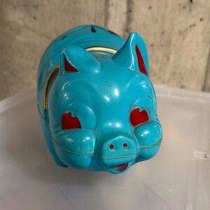 Vintage Reliable Toys Hard Plastic Teal and Gold Coloured Piggy Bank